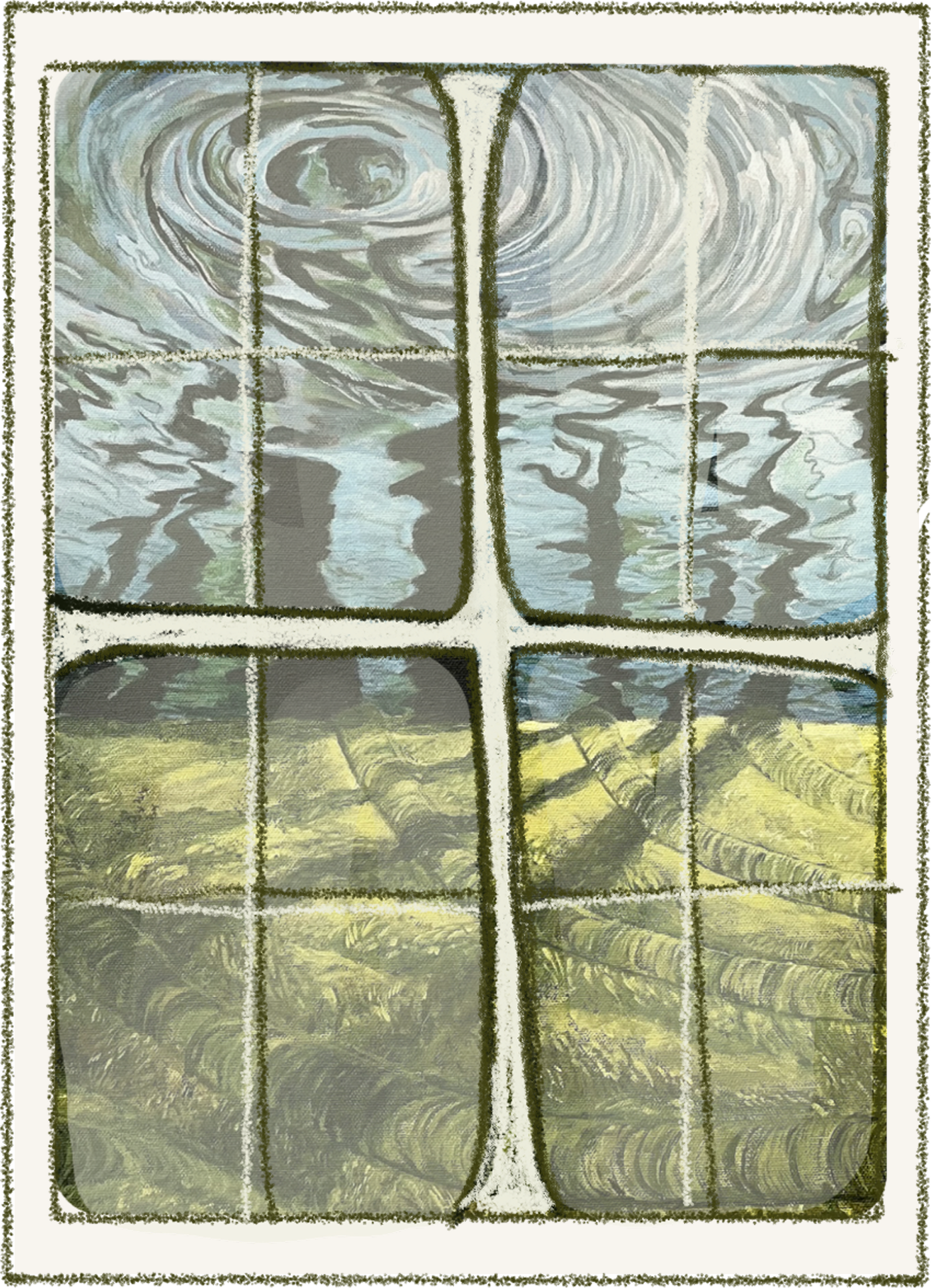 Painted window looking onto a landscape